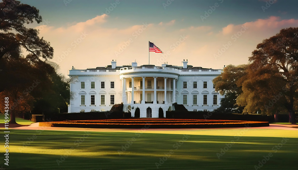 Naklejka premium american white house realstic image with flag and beautiful sky