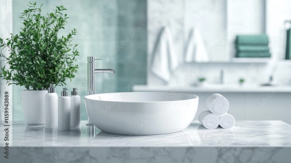 Fototapeta premium White bathroom interior. Empty marble table top for product display with blurred bathroom interior background