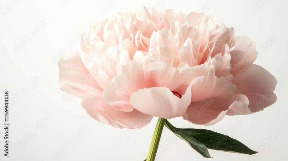 A detailed shot of a soft pink peony with its full, ruffled petals and gentle color, isolated white background A detailed shot of a soft pink peony with its full, ruffled petals and gentle color, isolated white background
