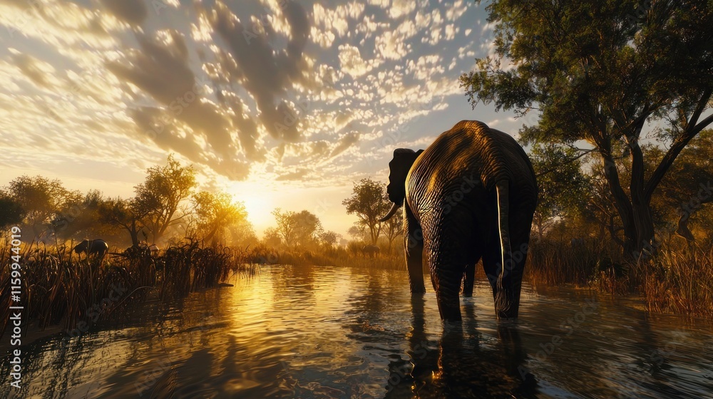 Fototapeta premium Elephant wading through river at sunset.