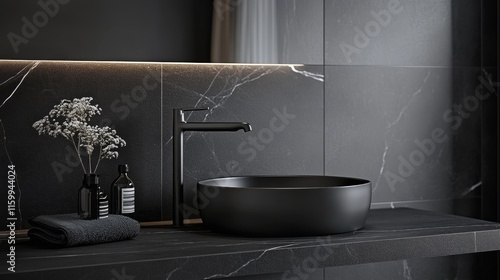 Black bathroom interior design, black washbasin and faucet on black marble counter in modern luxury minimal washroom