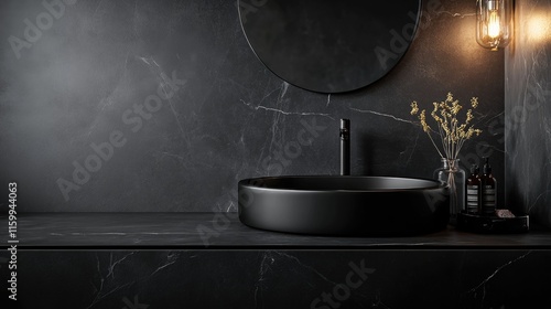Black bathroom interior design, black washbasin and faucet on black marble counter in modern luxury minimal washroom