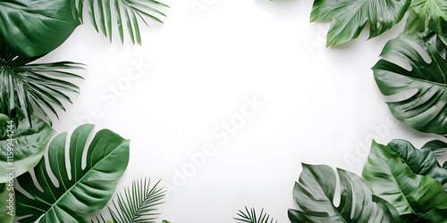 Tropical Greenery with Lush Palm Leaves Creating a Seamless Natural Border on White Background : Generative AI
