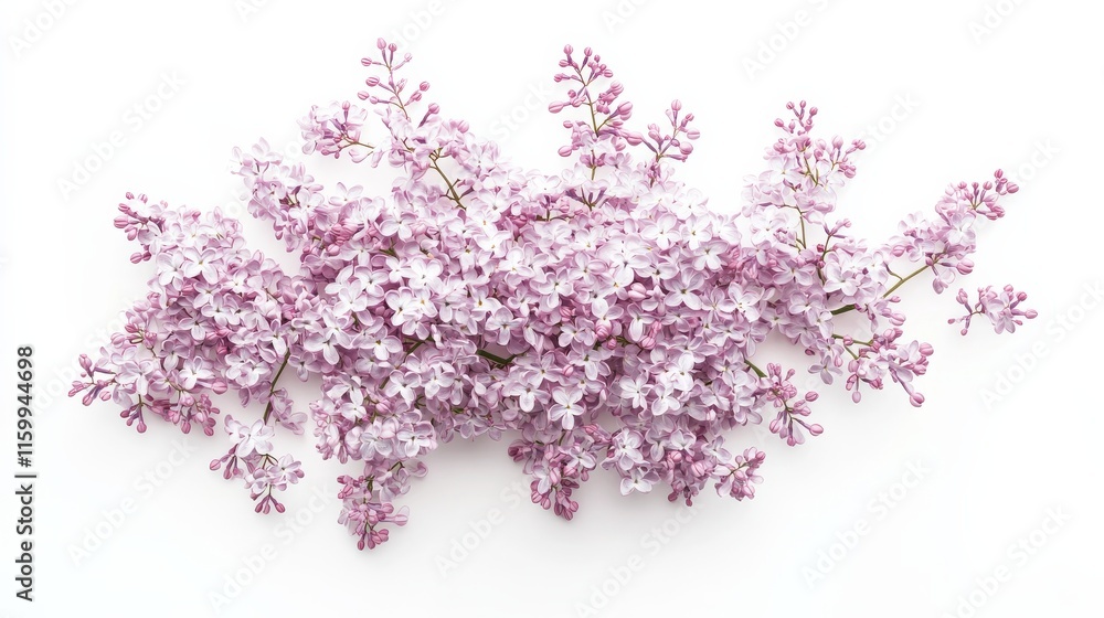 Obraz premium A detailed shot of a soft purple lilac with its dense clusters of tiny flowers and gentle color, isolated white background, minimalistic art style