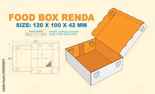 Food Box Renda 120 x 100 x 42 mm. Packaging Die Cut Template Design. 2d TD Real Shape & Dimension. 3d Box Mock Up.