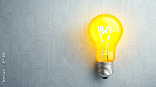 glowing yellow light bulb against circuit board background, symbolizing innovation and technology