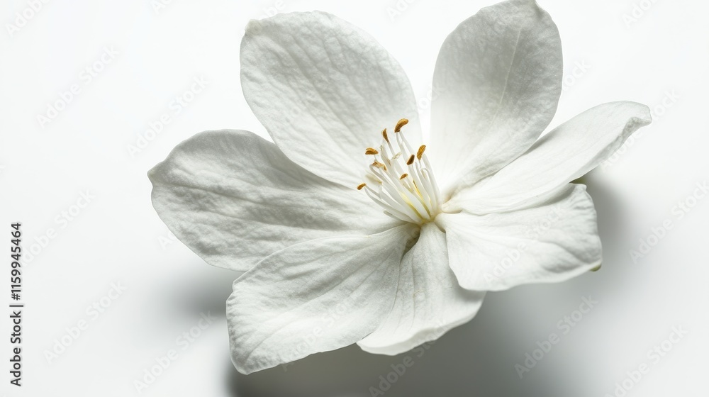 Fototapeta premium A detailed shot of a soft white jasmine flower with delicate petals and a gentle fragrance, isolated white background, minimalistic art style
