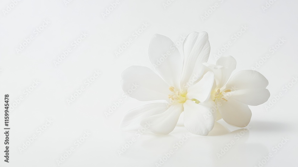 Obraz premium A detailed shot of a soft white jasmine flower with delicate petals and a gentle fragrance, isolated white background, minimalistic art style