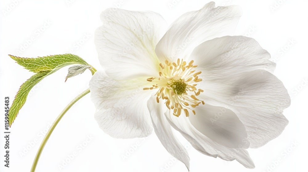Fototapeta premium A detailed shot of a soft white hellebore with its delicate, outward-facing petals and subtle color, isolated white background
