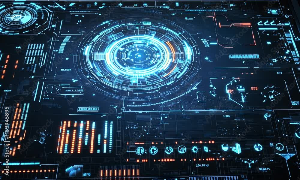 A futuristic digital interface displaying data and holographic elements. A futuristic digital interface displaying data and holographic elements.