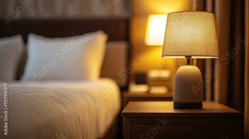 Table-top view of beside table or nightstand on blurred cozy night ambiance at hotel room with bokeh background. Empty wooden table for product display and customization
