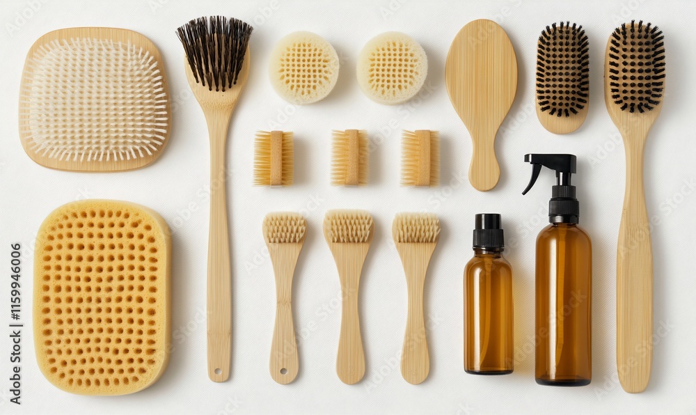 Flatlay of natural bath and body care items. Flatlay of natural bath and body care items.