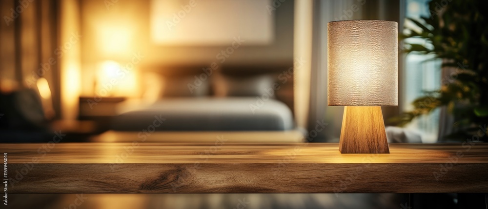 Table-top view of beside table or nightstand on blurred cozy night ambiance at hotel room with bokeh background. Empty wooden table for product display and customization Table-top view of beside table or nightstand on blurred cozy night ambiance at hotel room with bokeh background. Empty wooden table for product display and customization