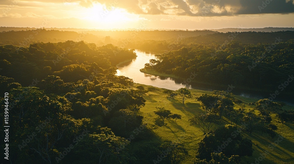 Aerial view of a river flowing through a lush green forest at sunset. Aerial view of a river flowing through a lush green forest at sunset.