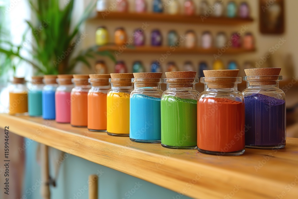 Bright colors of eco-friendly Holi celebrations displayed in glass jars for sustainable family enjoyment Bright colors of eco-friendly Holi celebrations displayed in glass jars for sustainable family enjoyment