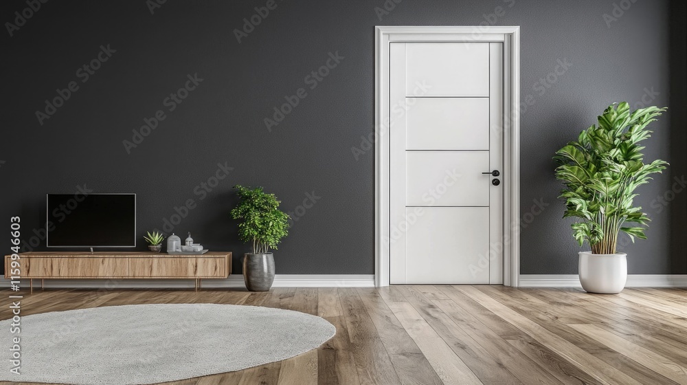 living room with bathroom and plaster dark gray walls and wooden floor, empty room with tv cabinet , white door with carpet interior design concept , 3d illustration