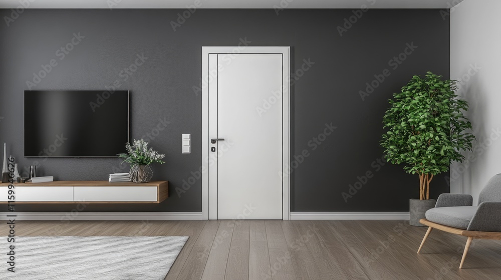 living room with bathroom and plaster dark gray walls and wooden floor, empty room with tv cabinet , white door with carpet interior design concept , 3d illustration
