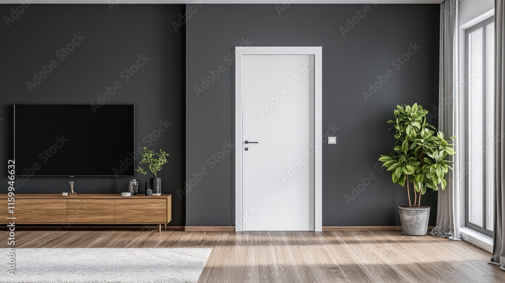 living room with bathroom and plaster dark gray walls and wooden floor, empty room with tv cabinet , white door with carpet interior design concept , 3d illustration