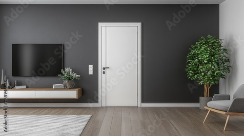 Obraz na płótnie living room with bathroom and plaster dark gray walls and wooden floor, empty room with tv cabinet , white door with carpet interior design concept , 3d illustration w salonie