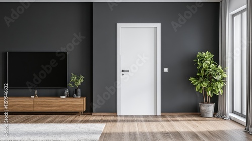 Obraz na płótnie living room with bathroom and plaster dark gray walls and wooden floor, empty room with tv cabinet , white door with carpet interior design concept , 3d illustration w salonie