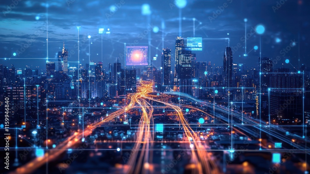 Smart city at night, digital network overlay. Smart city at night, digital network overlay.
