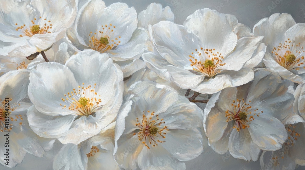 Obraz premium Close-up of delicate white blossoms, soft light, detailed petals and stamens.