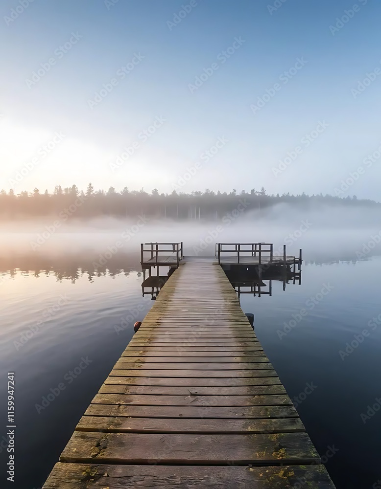 Naklejka premium Wooden dock extends into misty lake tranquil scene