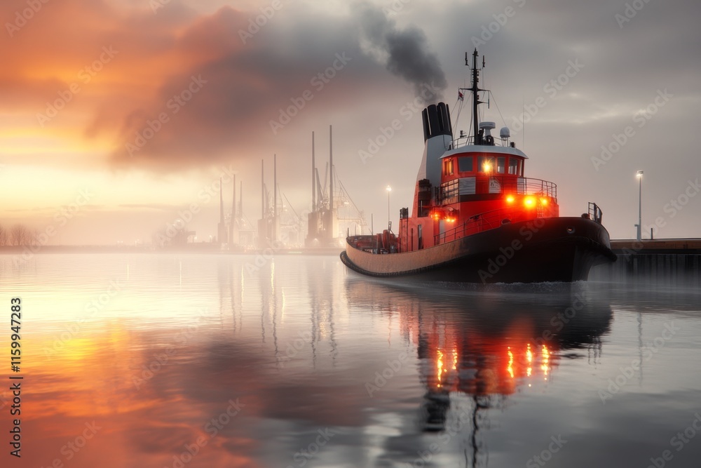 Fototapeta premium A 3D-rendered view of IJmuiden locks, with a detailed cargo ship and realistic water reflections creating a dynamic scene