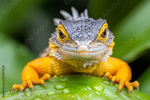 A baby iguana crawling on a vibrant green leaf, its tiny scales glistening with dew photo