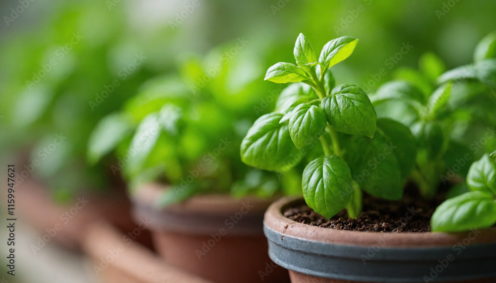 Fresh basil plants in terracotta pots on blurred green background with copy space Fresh basil plants in terracotta pots on blurred green background with copy space