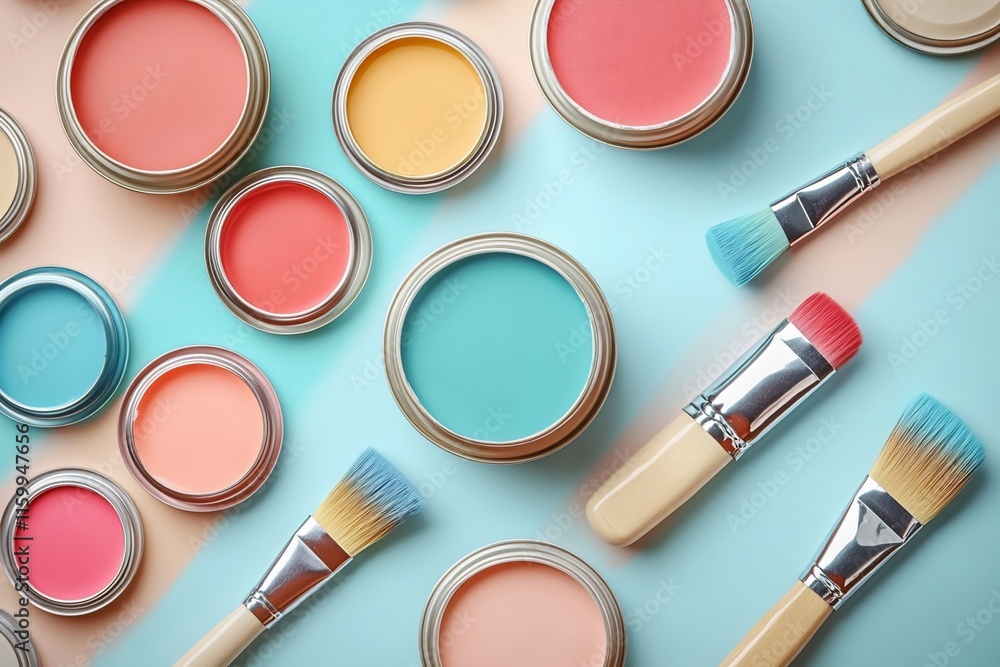 Colorful paint cans and brushes arranged on a pastel background. Colorful paint cans and brushes arranged on a pastel background.