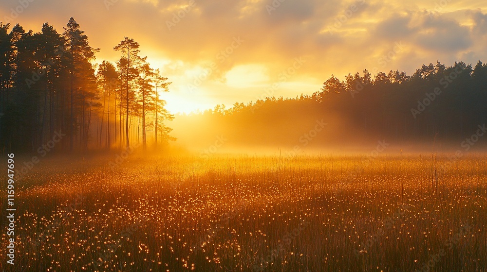 Golden sunrise over foggy meadow and forest. Golden sunrise over foggy meadow and forest.