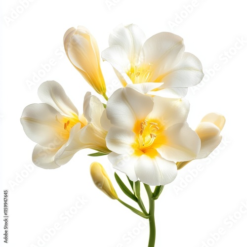 Close-up of delicate cream freesia flowers with yellow centers, isolated on white.