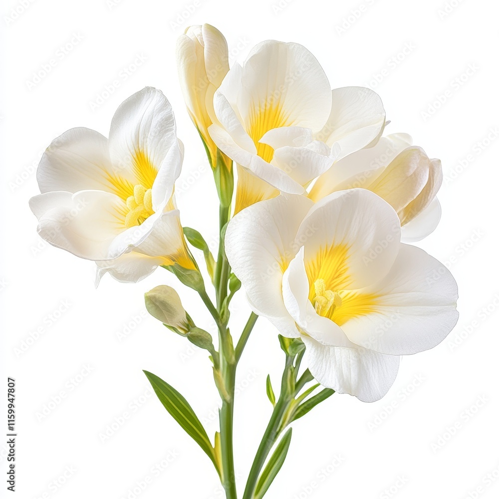 Close-up of a cluster of delicate white freesia flowers with yellow centers, isolated on a white background. Close-up of a cluster of delicate white freesia flowers with yellow centers, isolated on a white background.