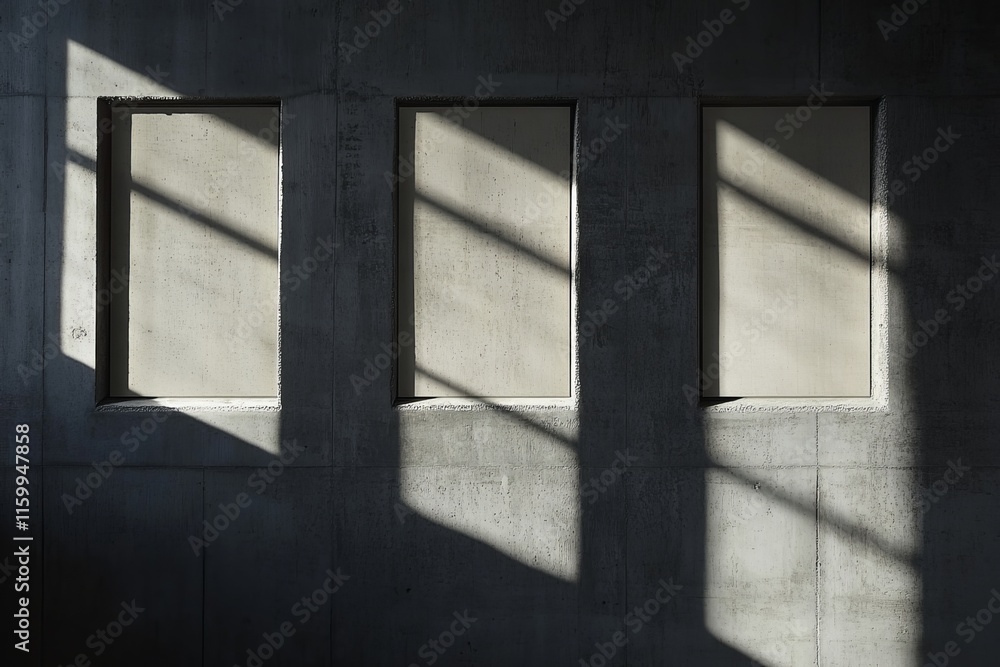 Three recessed windows cast diagonal shadows on a concrete wall. Three recessed windows cast diagonal shadows on a concrete wall.