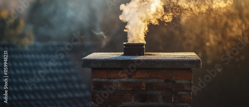 Smoke rising from a brick chimney at sunrise.