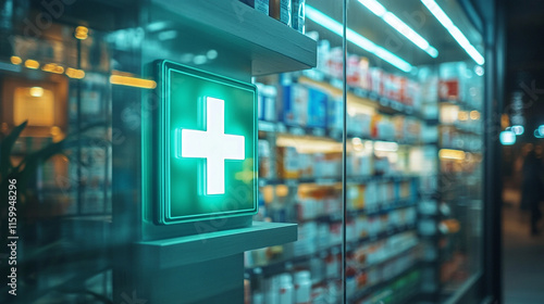 A pharmacy storefront with a green cross sign on the window, revealing a well-organized interior filled with healthcare and medical items.