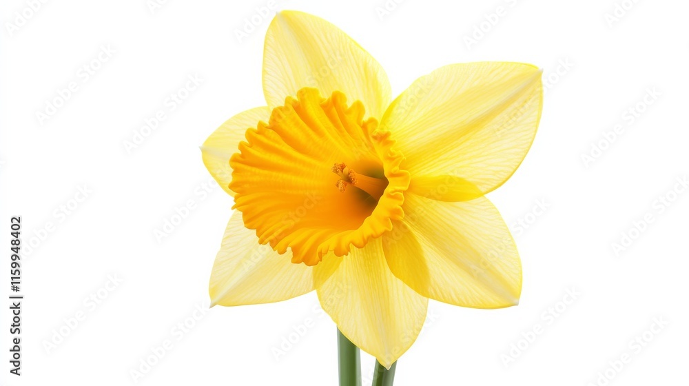 A detailed shot of a vibrant yellow daffodil flower in full bloom, isolated white background, minimalistic art style A detailed shot of a vibrant yellow daffodil flower in full bloom, isolated white background, minimalistic art style