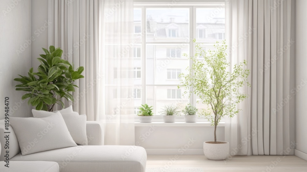 White room with window and curtains