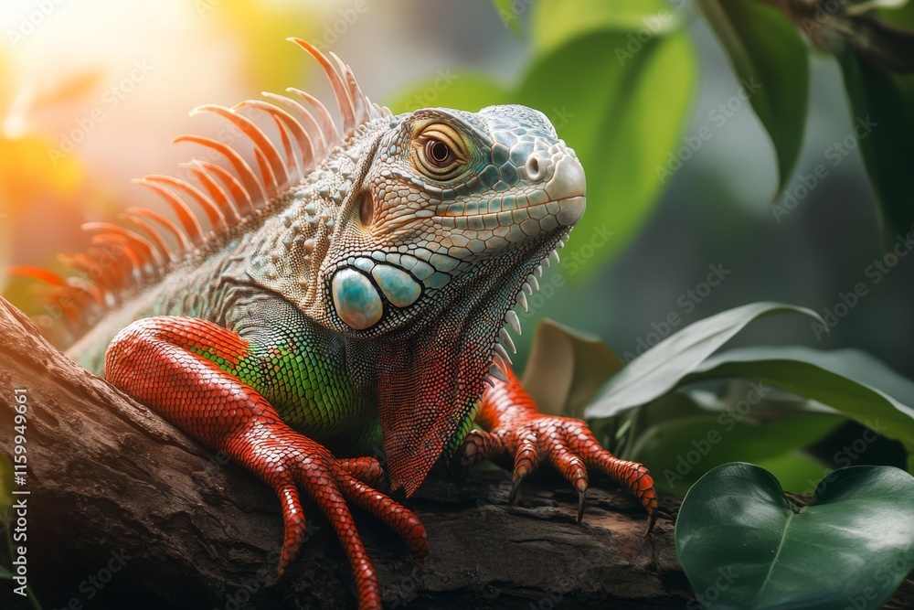 Fototapeta premium A colorful iguana with striking red and green scales resting on a tree under dappled sunlight