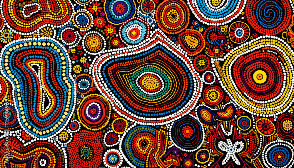 Fototapeta premium Traditional Aboriginal Art Pattern in Vibrant Earth Tones Representing Dreamtime Stories