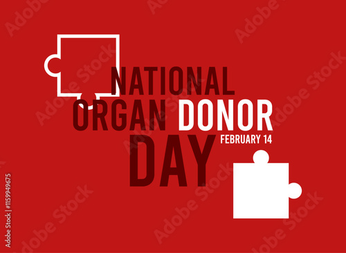 National Organ Donor Day. February 14. Red background. White puzzle pieces. Poster, banner, card, background.