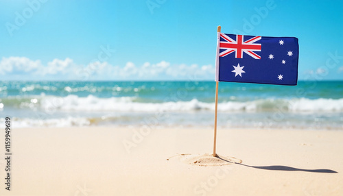 Wallpaper Mural Patriotic Australian Flag Waving on Sunny Beach with Ocean Background Torontodigital.ca