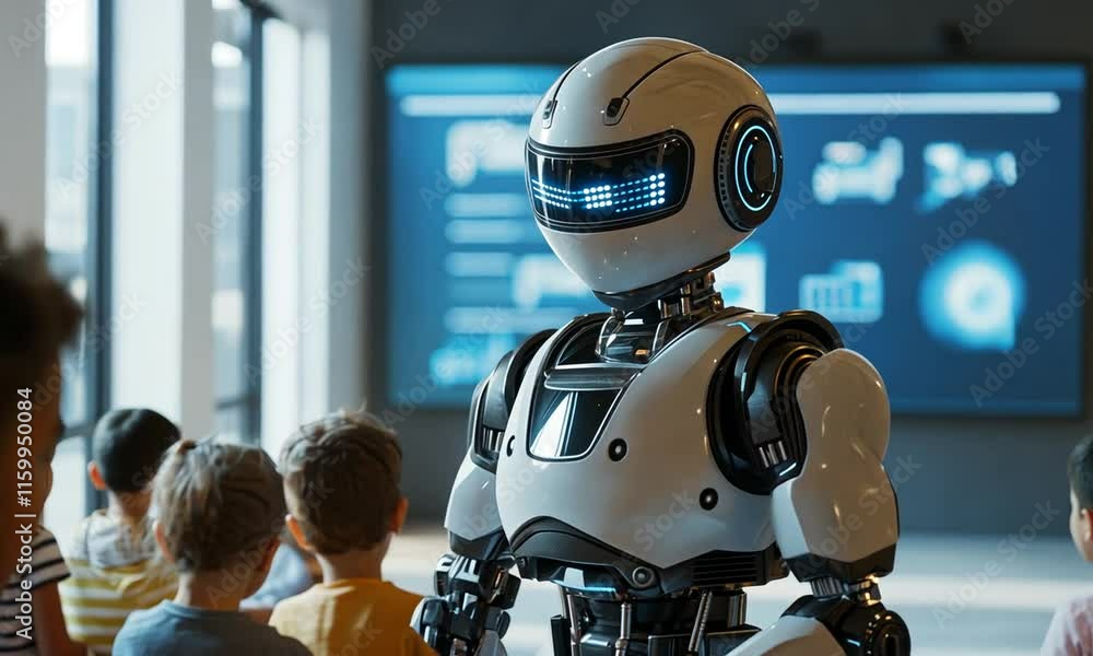 A humanoid robot interacts with children in a learning environment. A humanoid robot interacts with children in a learning environment.