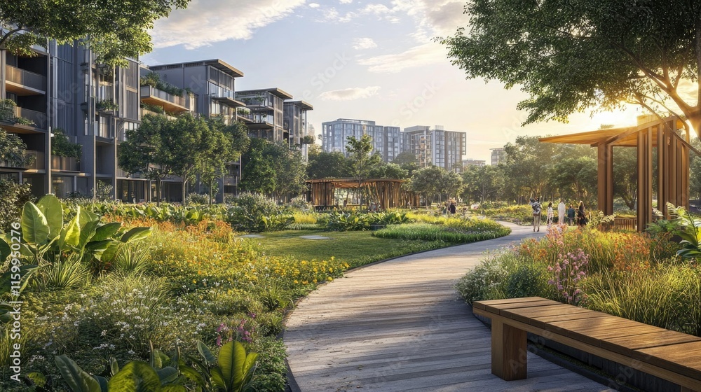 Fototapeta premium Innovative mixed-use development, terraced design with public green spaces, modern urban living, pedestrian-friendly pathways