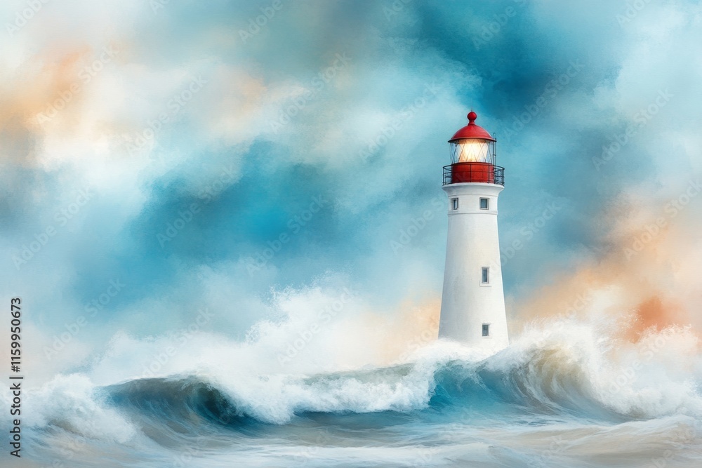A delicate watercolor of IJmuiden lighthouse, surrounded by gentle waves and a cloudy blue sky A delicate watercolor of IJmuiden lighthouse, surrounded by gentle waves and a cloudy blue sky