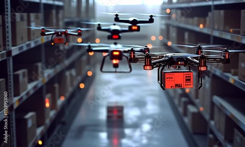 Wallpaper Mural Drones navigating a warehouse, showcasing automation in logistics. Torontodigital.ca