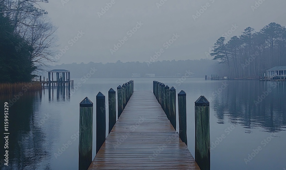 Fototapeta premium Misty morning pier extending over calm water.
