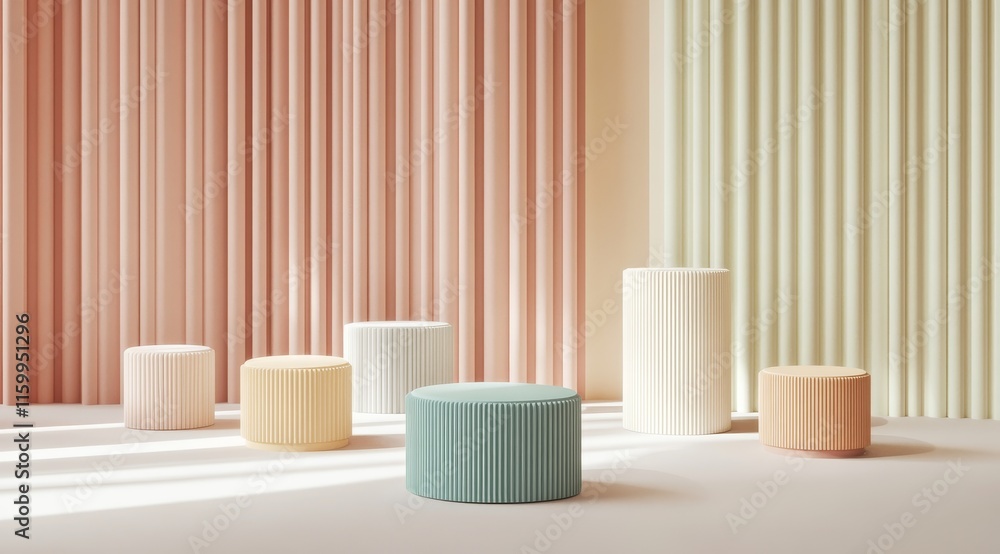 Pastel cylindrical podiums on a soft pink floor against a backdrop of peach and beige curtains. Pastel cylindrical podiums on a soft pink floor against a backdrop of peach and beige curtains.