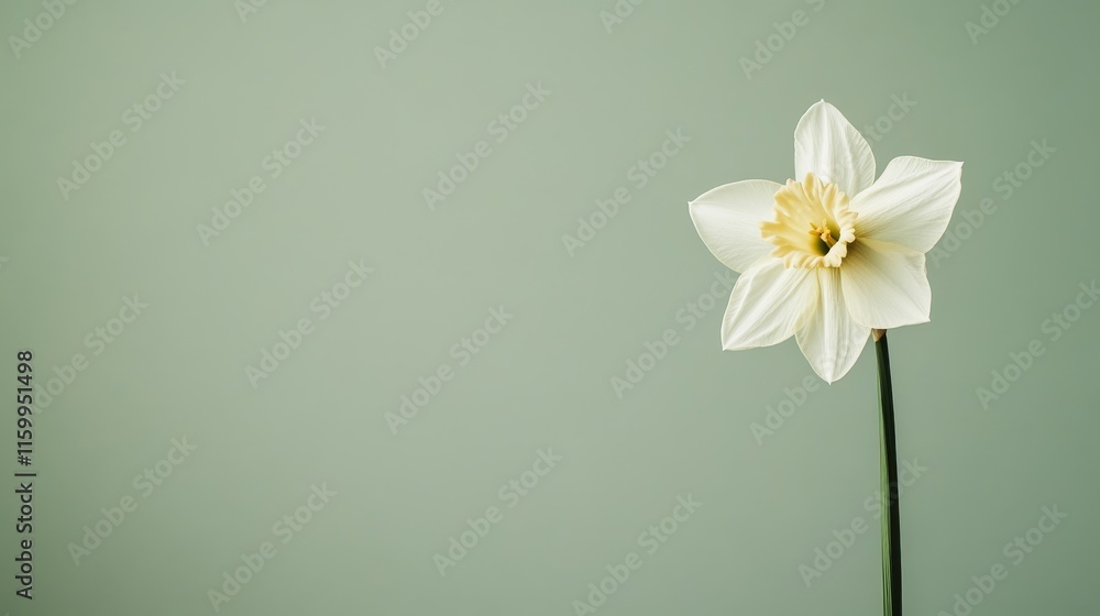 Obraz premium A pure white daffodil against a muted olive green background, close-up shot, Minimalist style